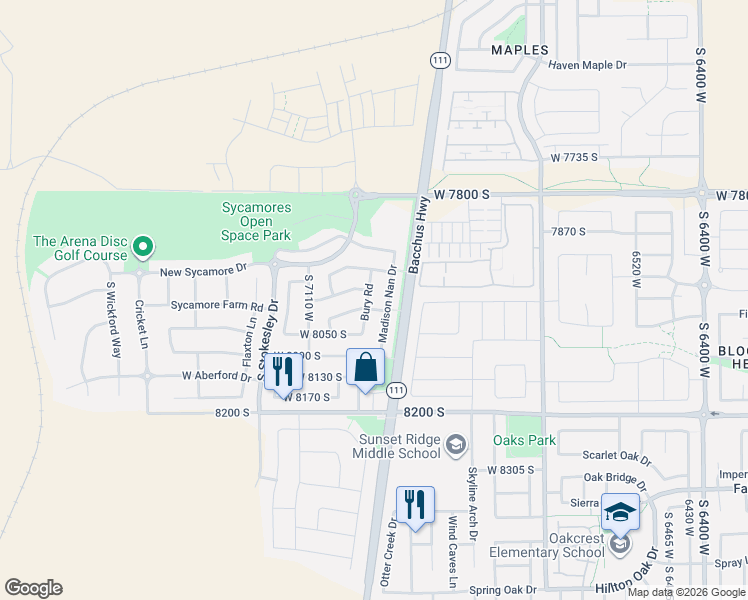 map of restaurants, bars, coffee shops, grocery stores, and more near 7989 Bury Road in West Jordan