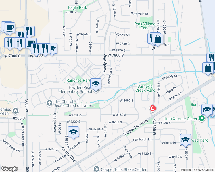 map of restaurants, bars, coffee shops, grocery stores, and more near 7974 Hartley Lane in West Jordan