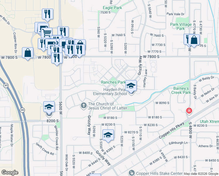 map of restaurants, bars, coffee shops, grocery stores, and more near 5298 Icehouse Way in West Jordan