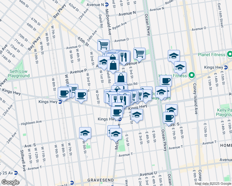 map of restaurants, bars, coffee shops, grocery stores, and more near 1889 McDonald Avenue in Brooklyn