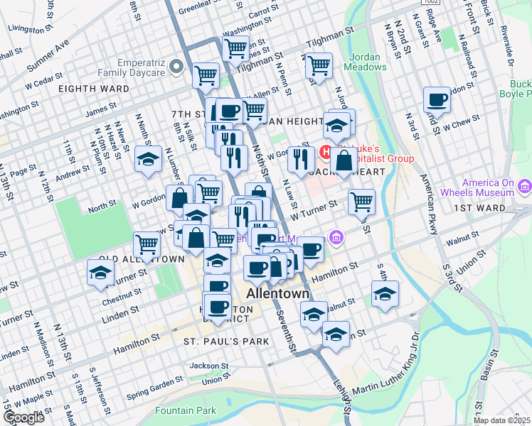 map of restaurants, bars, coffee shops, grocery stores, and more near 622 Oak Street in Allentown