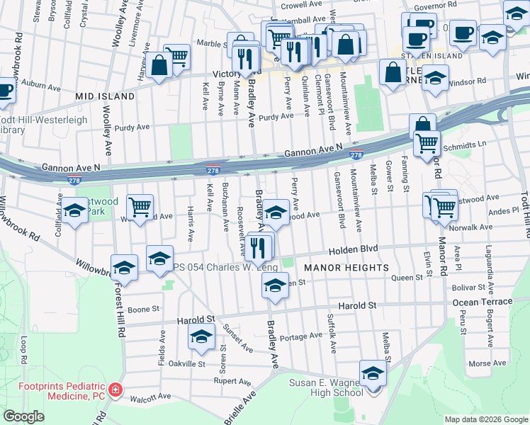map of restaurants, bars, coffee shops, grocery stores, and more near 211 Bradley Avenue in Staten Island