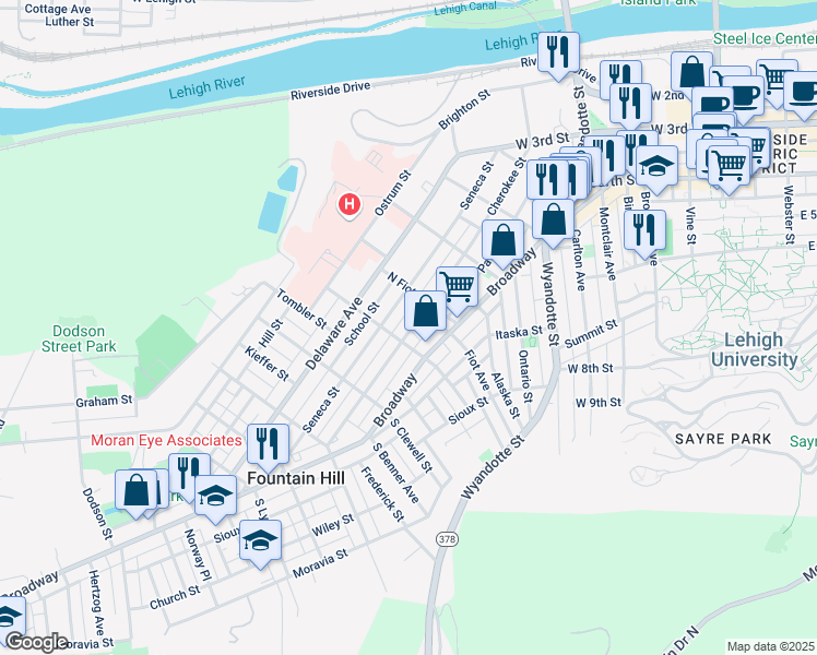 map of restaurants, bars, coffee shops, grocery stores, and more near 828 Cherokee Street in Fountain Hill