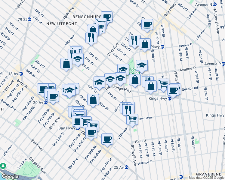 map of restaurants, bars, coffee shops, grocery stores, and more near 2218 78th Street in Brooklyn