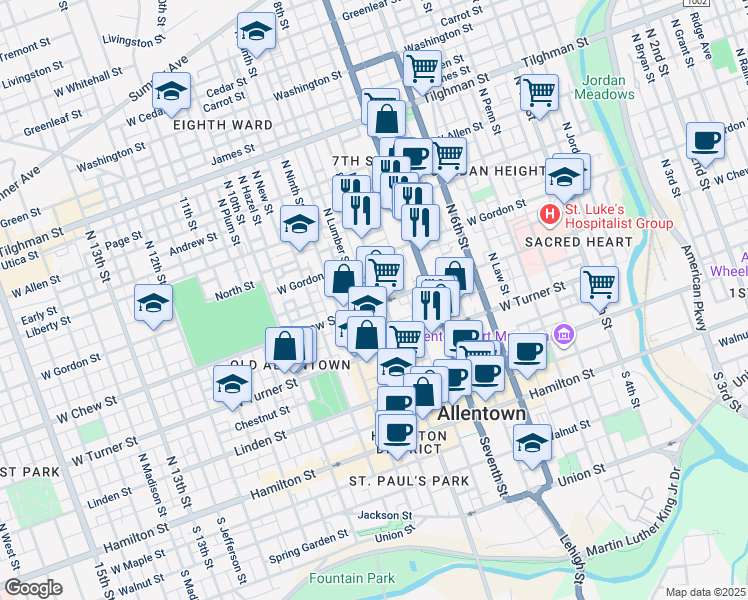 map of restaurants, bars, coffee shops, grocery stores, and more near 807 West Chew Street in Allentown