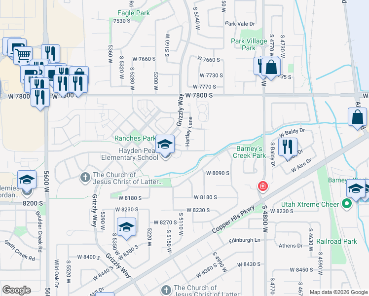 map of restaurants, bars, coffee shops, grocery stores, and more near 7974 Hartley Lane in West Jordan