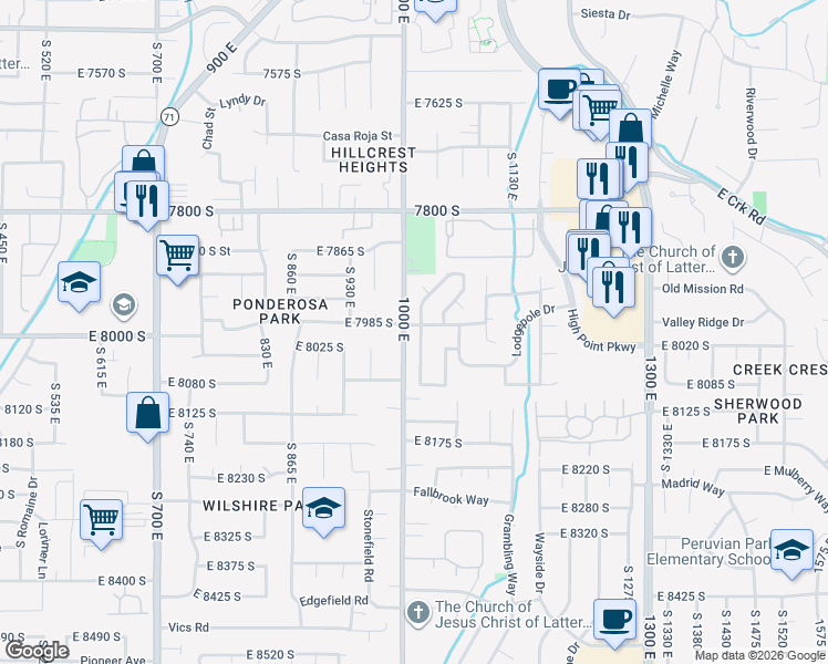 map of restaurants, bars, coffee shops, grocery stores, and more near 7970 Broken Ridge Drive in Sandy
