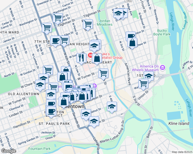 map of restaurants, bars, coffee shops, grocery stores, and more near 435 West Turner Street in Allentown