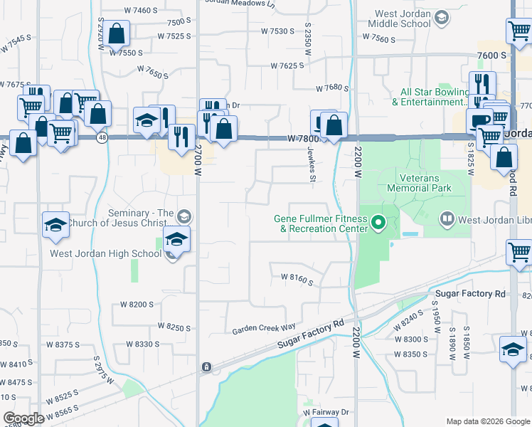 map of restaurants, bars, coffee shops, grocery stores, and more near 2487 Lusterpointe Lane in West Jordan