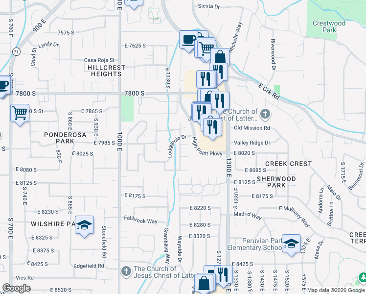 map of restaurants, bars, coffee shops, grocery stores, and more near 1223 12 Pines Circle in Sandy