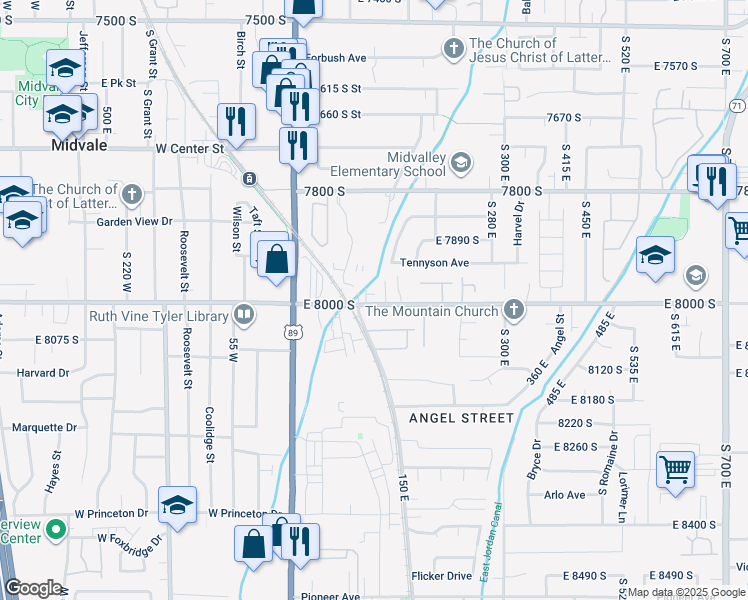 map of restaurants, bars, coffee shops, grocery stores, and more near in Midvale