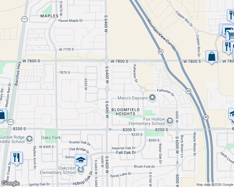 map of restaurants, bars, coffee shops, grocery stores, and more near 6368 Annandale Way in West Jordan