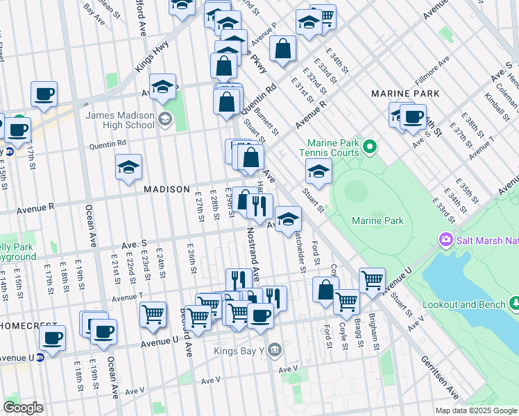 map of restaurants, bars, coffee shops, grocery stores, and more near 1838 Haring Street in Brooklyn