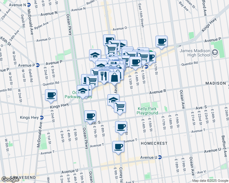 map of restaurants, bars, coffee shops, grocery stores, and more near 2084 Coney Island Avenue in Brooklyn