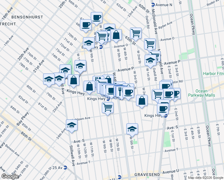 map of restaurants, bars, coffee shops, grocery stores, and more near 1659 West 7th Street in Brooklyn