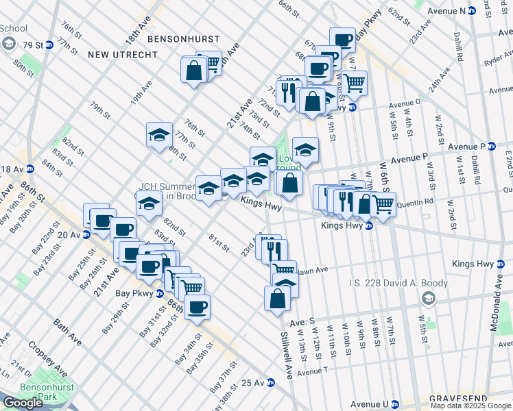 map of restaurants, bars, coffee shops, grocery stores, and more near 1608 Stillwell Avenue in Brooklyn