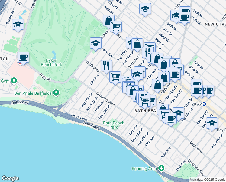 map of restaurants, bars, coffee shops, grocery stores, and more near 8784 16th Avenue in Brooklyn