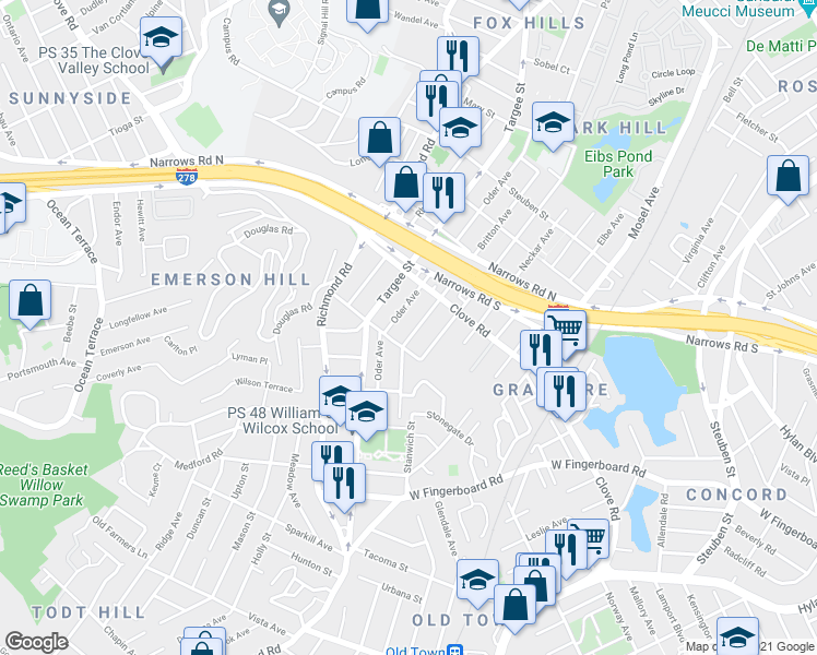 map of restaurants, bars, coffee shops, grocery stores, and more near 447 Oder Avenue in Staten Island