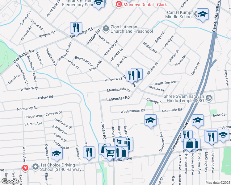 map of restaurants, bars, coffee shops, grocery stores, and more near 68 Morningside Road in Woodbridge Township