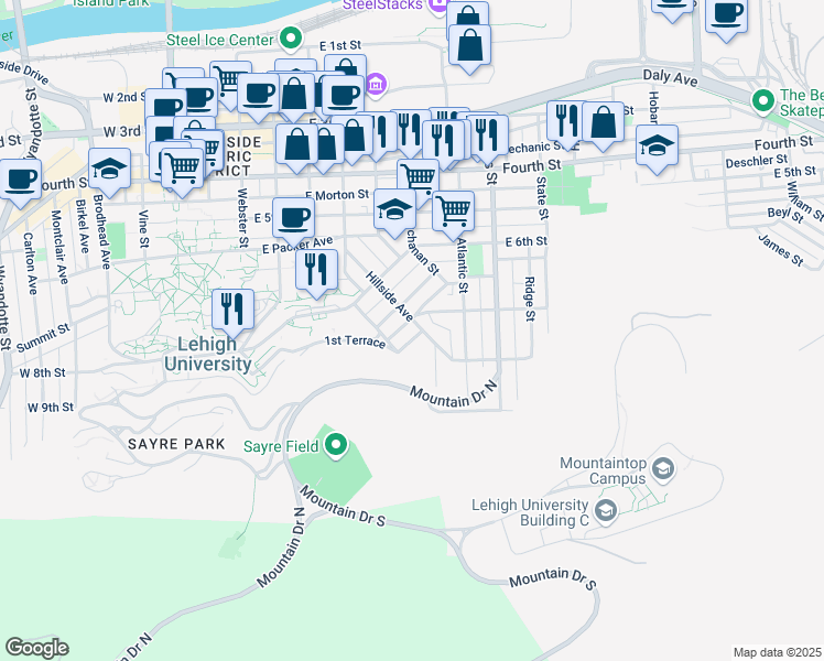 map of restaurants, bars, coffee shops, grocery stores, and more near in Bethlehem