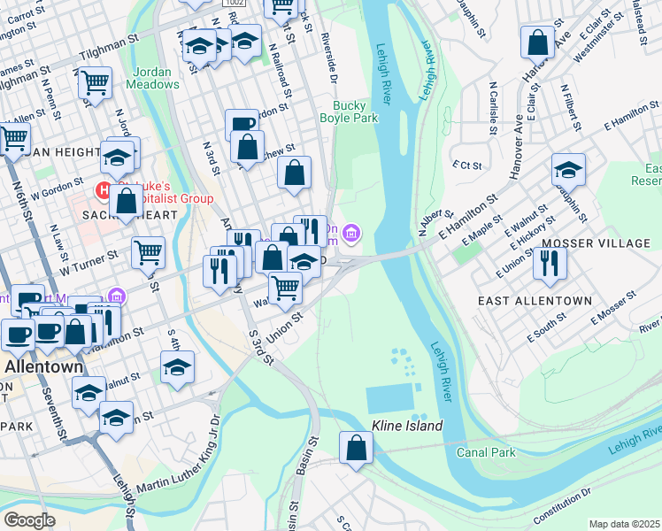 map of restaurants, bars, coffee shops, grocery stores, and more near 107 Hamilton Street in Allentown