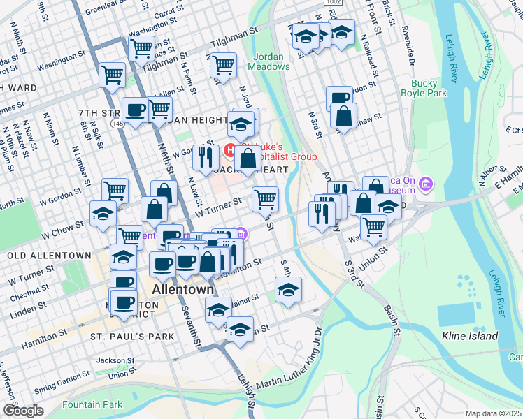 map of restaurants, bars, coffee shops, grocery stores, and more near in Allentown