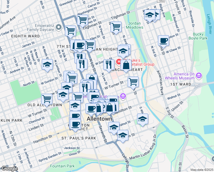 map of restaurants, bars, coffee shops, grocery stores, and more near 533 Oak Street in Allentown