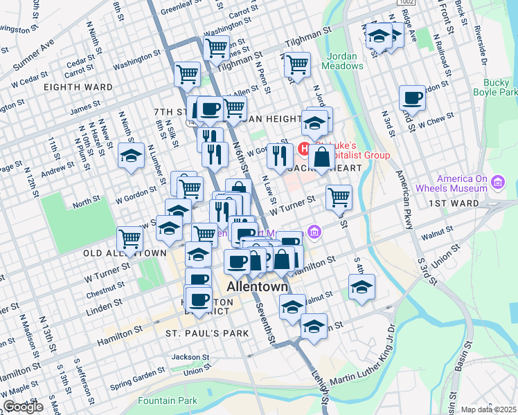 map of restaurants, bars, coffee shops, grocery stores, and more near 533 Oak Street in Allentown