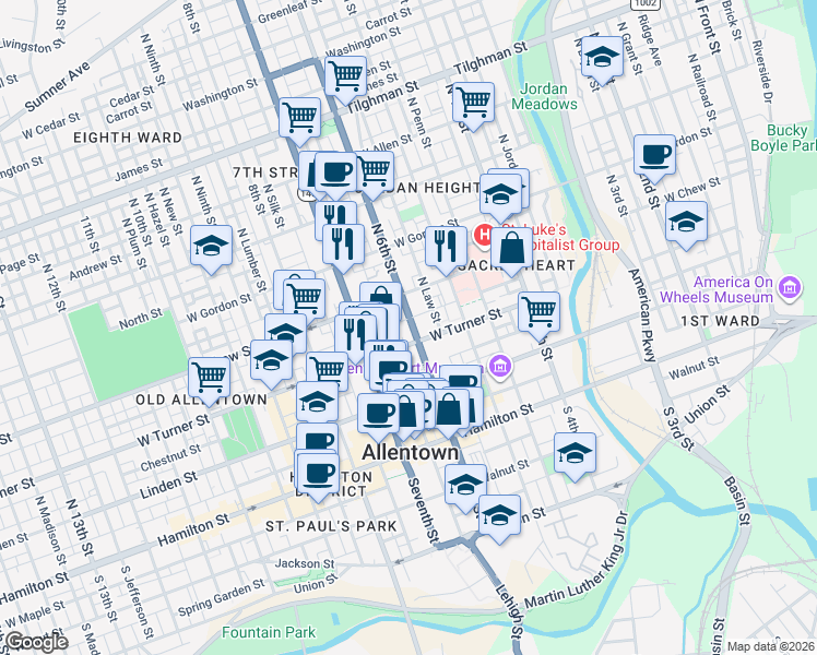 map of restaurants, bars, coffee shops, grocery stores, and more near 533 Oak Street in Allentown