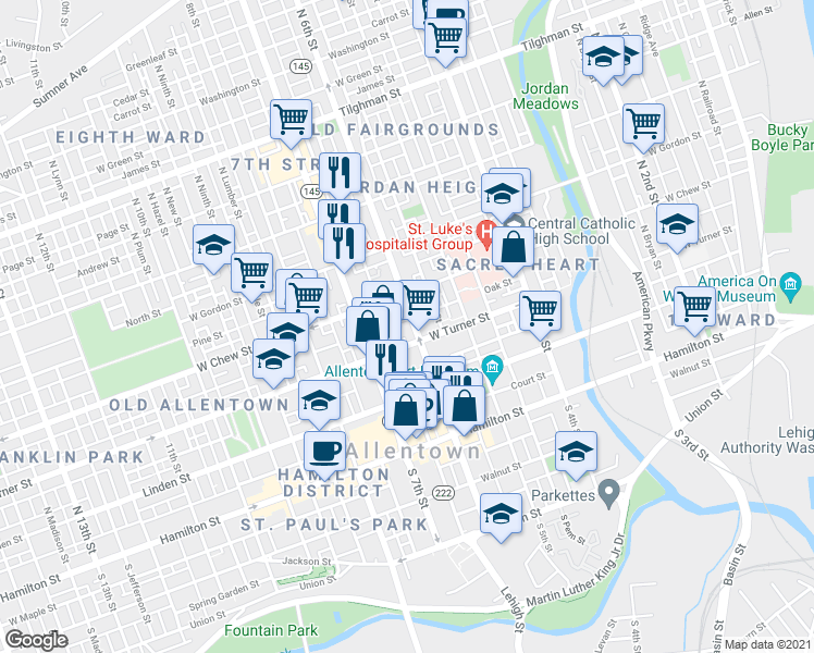 map of restaurants, bars, coffee shops, grocery stores, and more near 533 Oak Street in Allentown