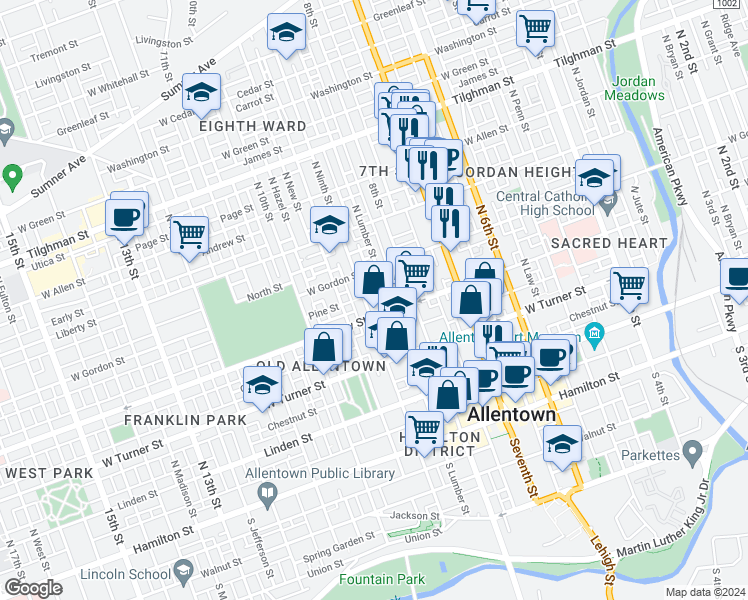 map of restaurants, bars, coffee shops, grocery stores, and more near 336 North Lumber Street in Allentown