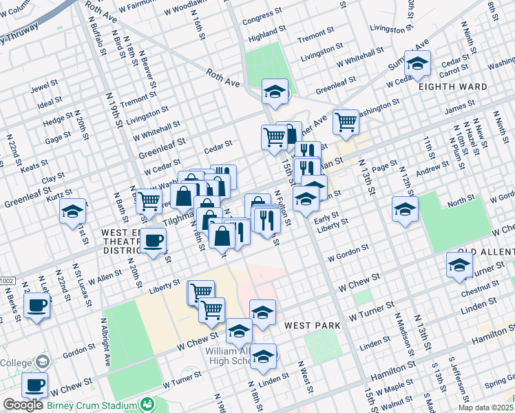 map of restaurants, bars, coffee shops, grocery stores, and more near 646 North 16th Street in Allentown