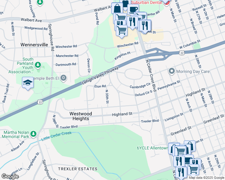 map of restaurants, bars, coffee shops, grocery stores, and more near 3424 Oxford Circle in Allentown