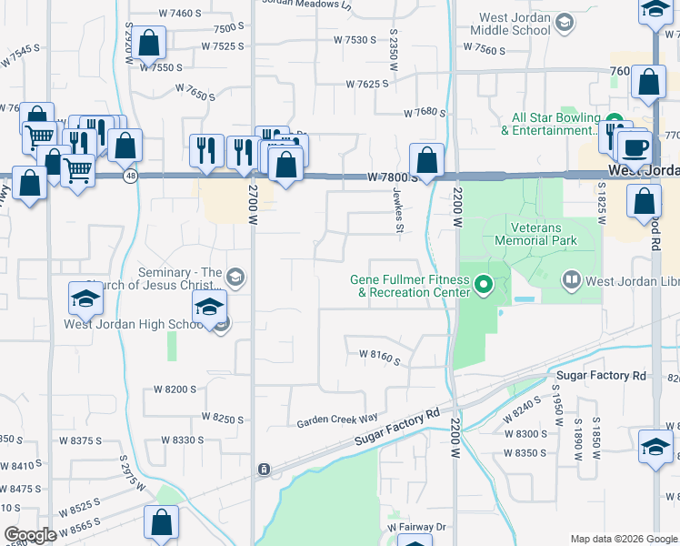 map of restaurants, bars, coffee shops, grocery stores, and more near 2487 Lusterpointe Lane in West Jordan