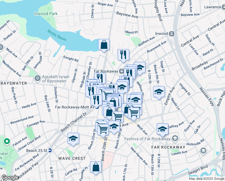 map of restaurants, bars, coffee shops, grocery stores, and more near 1701 Village Lane in Queens