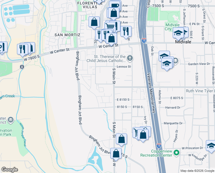 map of restaurants, bars, coffee shops, grocery stores, and more near 737 West Wasatch Street in Midvale