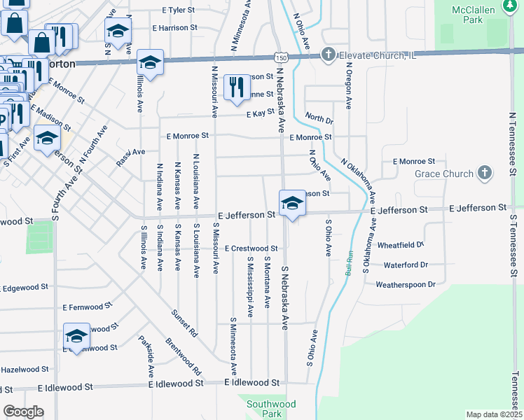map of restaurants, bars, coffee shops, grocery stores, and more near 116 N Montana Ave in Morton