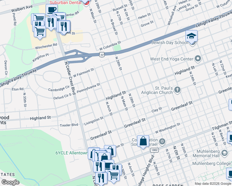 map of restaurants, bars, coffee shops, grocery stores, and more near 1129 North 29th Street in Allentown