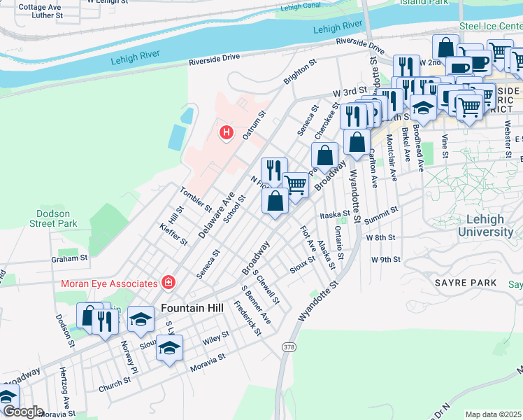 map of restaurants, bars, coffee shops, grocery stores, and more near 828 Cherokee Street in Fountain Hill