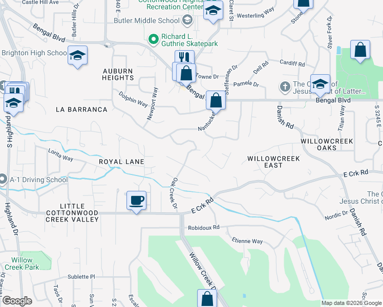 map of restaurants, bars, coffee shops, grocery stores, and more near 2600 East Oak Creek Drive in Sandy
