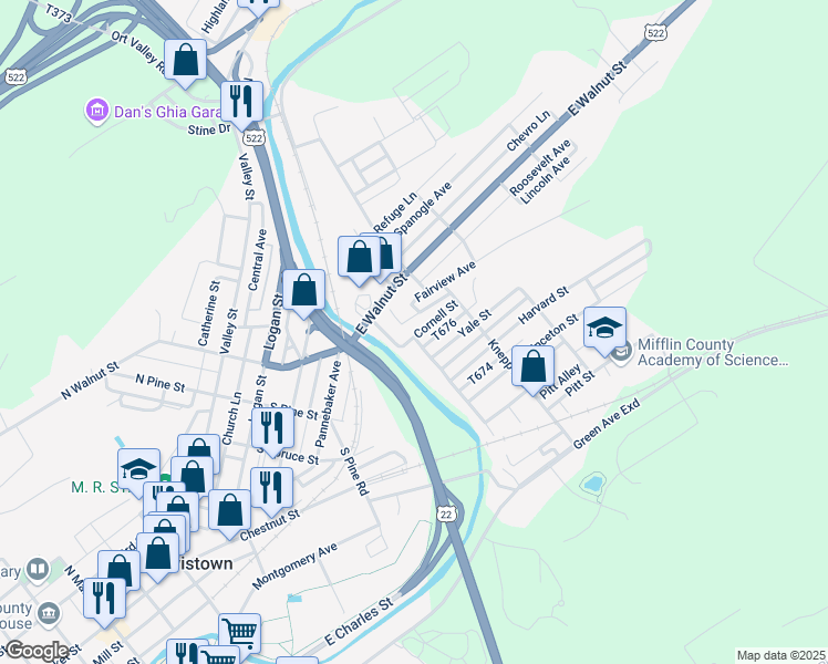 map of restaurants, bars, coffee shops, grocery stores, and more near 405 Cornell Street in Lewistown