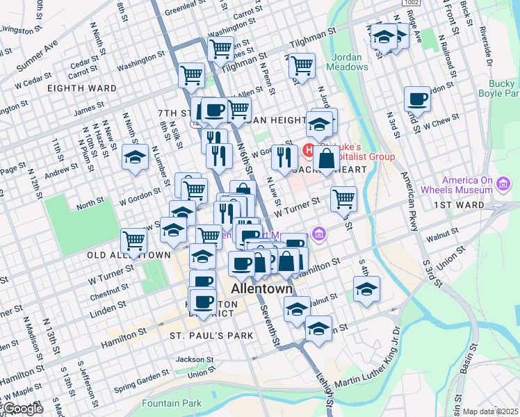 map of restaurants, bars, coffee shops, grocery stores, and more near 218 North 6th Street in Allentown