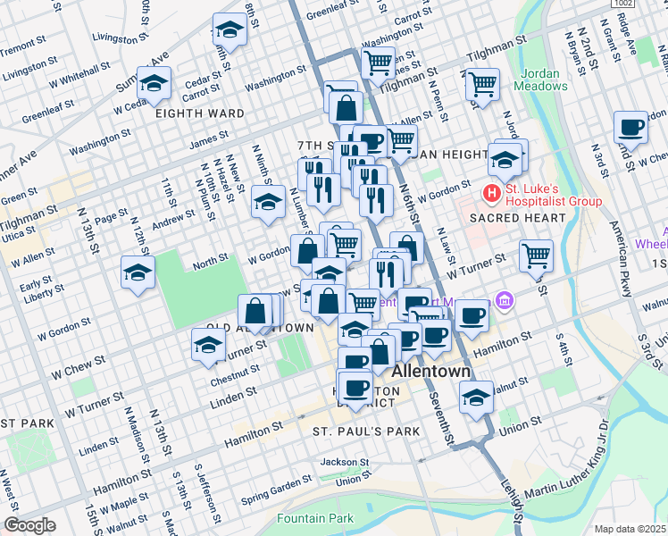 map of restaurants, bars, coffee shops, grocery stores, and more near 807 West Chew Street in Allentown