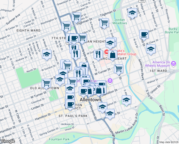 map of restaurants, bars, coffee shops, grocery stores, and more near 218 North 6th Street in Allentown