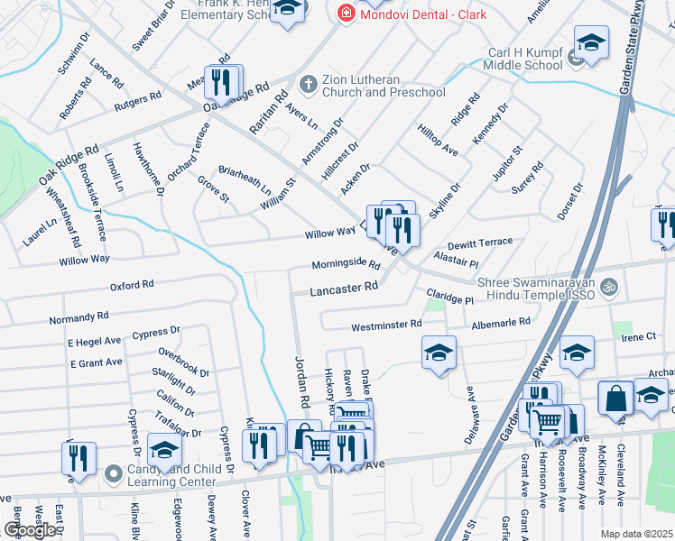 map of restaurants, bars, coffee shops, grocery stores, and more near 68 Morningside Road in Woodbridge Township