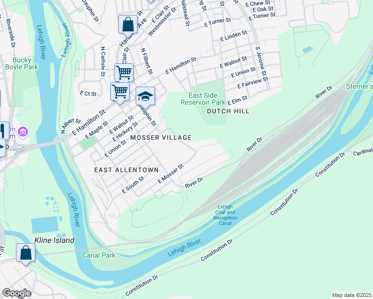 map of restaurants, bars, coffee shops, grocery stores, and more near 501 South Ellsworth Street in Allentown
