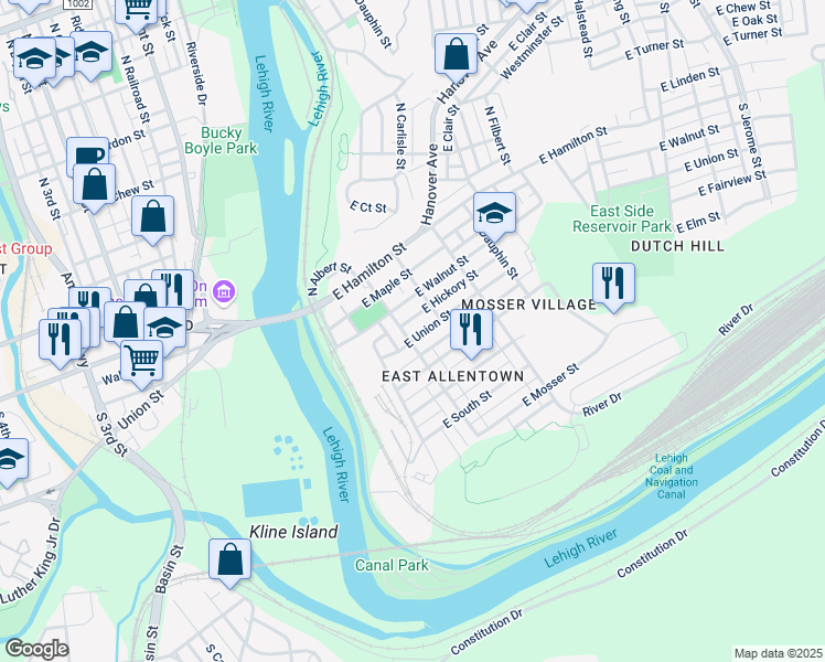 map of restaurants, bars, coffee shops, grocery stores, and more near 233 East Union Street in Allentown