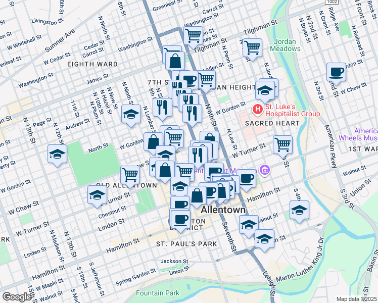 map of restaurants, bars, coffee shops, grocery stores, and more near 718 West Chew Street in Allentown