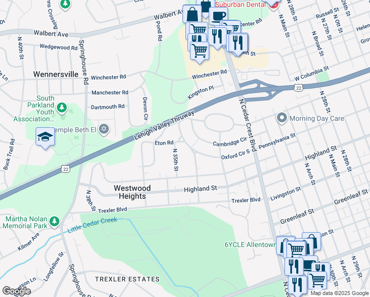 map of restaurants, bars, coffee shops, grocery stores, and more near 3424 Oxford Circle in Allentown