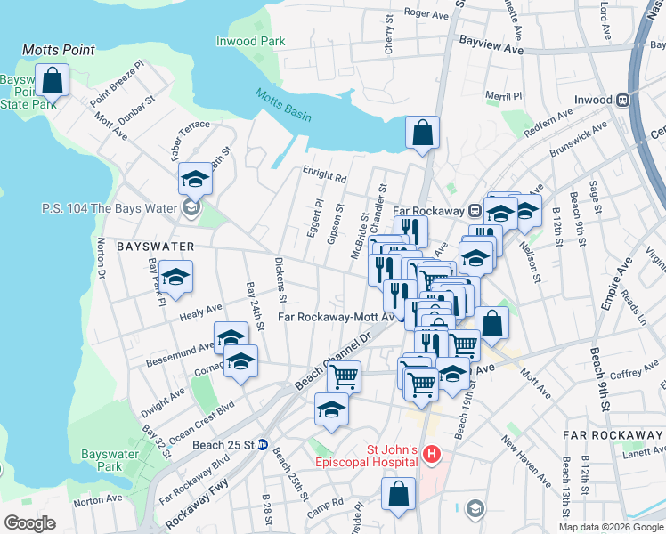 map of restaurants, bars, coffee shops, grocery stores, and more near 22-88 Mott Avenue in Queens